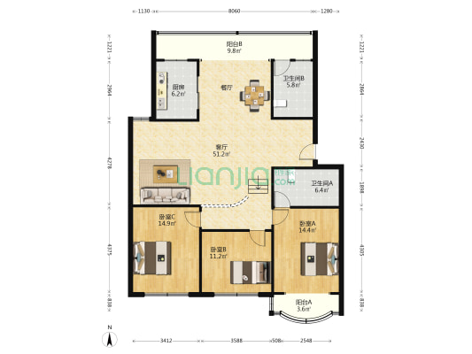 顺安苑 3室1厅2卫 139平方