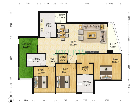 鹅潭湾 3室1厅2卫 140平方