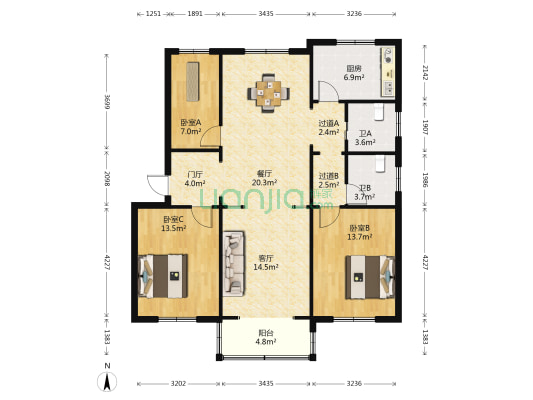 广宇公寓 3室2厅2卫 119平方