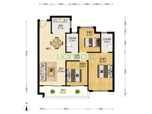 碧桂园天玺 3室1厅2卫 100平方