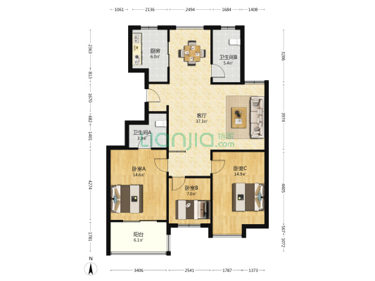 玖隆钱江观邸 3室1厅2卫 121平方