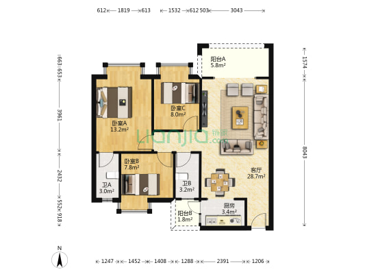 云山名筑 3室1厅2卫 91平方