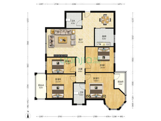 百花新城 4室1厅2卫 143平方