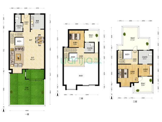 金地自在城 2室1厅3卫 234平方