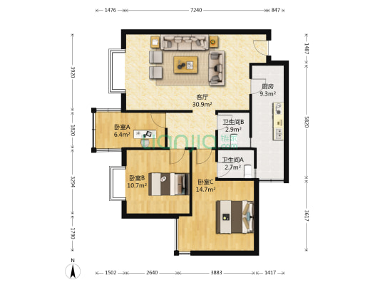 沿江花园 3室1厅2卫 87平方