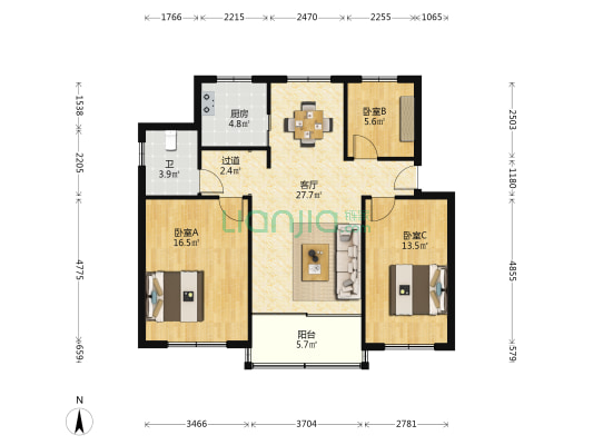 定波新村西区 3室1厅1卫 95平方
