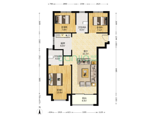 新城吾悦广场 3室1厅2卫 112平方