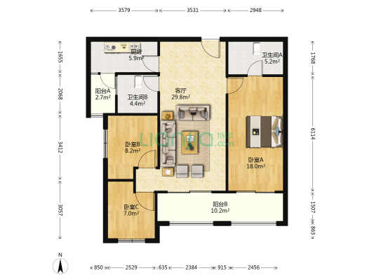 俊发城郁金苑 3室1厅2卫 112平方