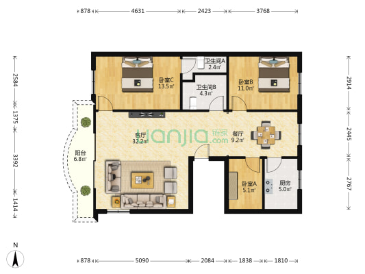 同安里 3室2厅2卫 102平方