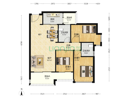 盈悦豪庭 3室1厅2卫 110平方