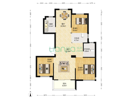 奥体城二期 3室2厅2卫 119平方