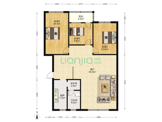 相府路3号 3室1厅2卫 127平方