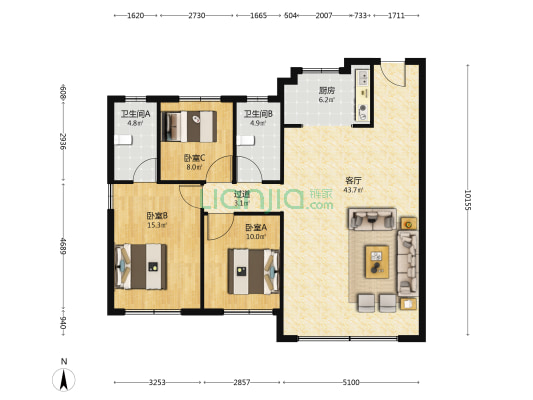 龙湖·天璞 3室1厅2卫 126平方