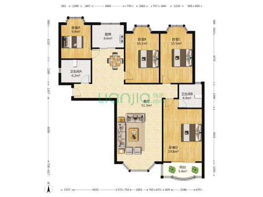 龙海新区 4室1厅2卫 172平方