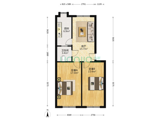 文化路63号院 2室1厅1卫 58平方