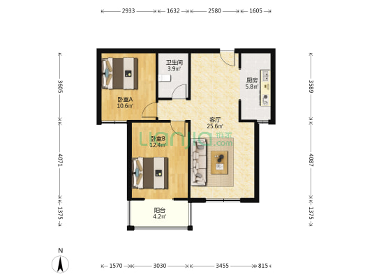 朝南两居  中上楼层  采光好  交通方便-户型图