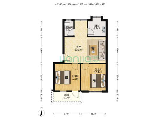 北湖运德集团宿舍 2室1厅1卫 60平方