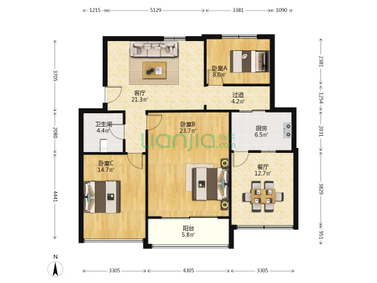 新世纪花园晨莺小区 3室2厅1卫 98平方