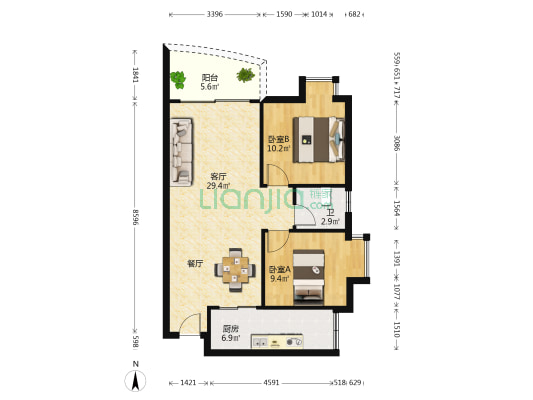 美景港城花园 2室1厅1卫 77平方