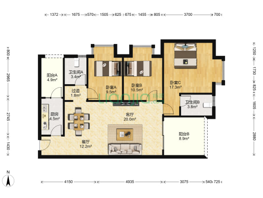 花果园S3区 3室2厅2卫 110平方