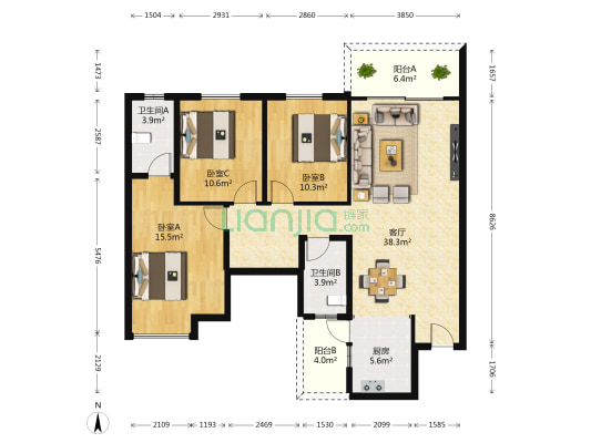 彰泰中央城 3室1厅2卫 124平方