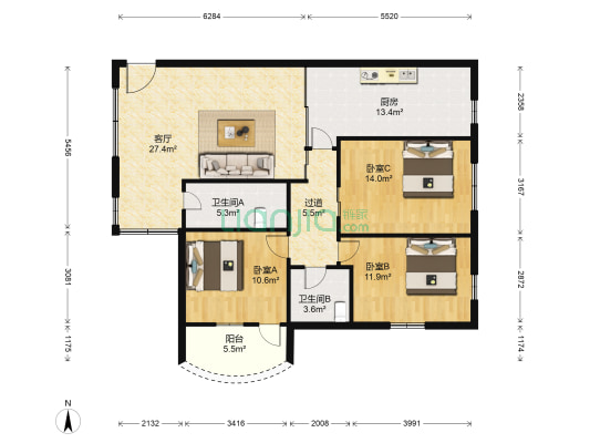 交警宿舍 3室1厅2卫 127平方