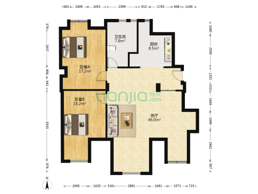 保利拉菲公馆A区 2室1厅1卫 97平方