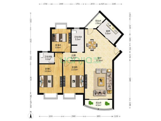 洪都公园小区 3室1厅2卫 123平方