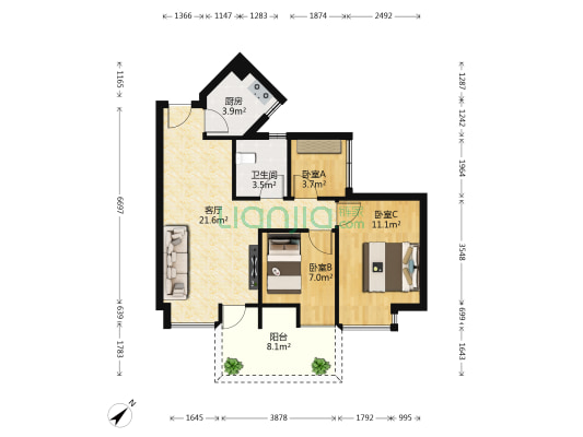 太古城南 3室1厅1卫 70平方
