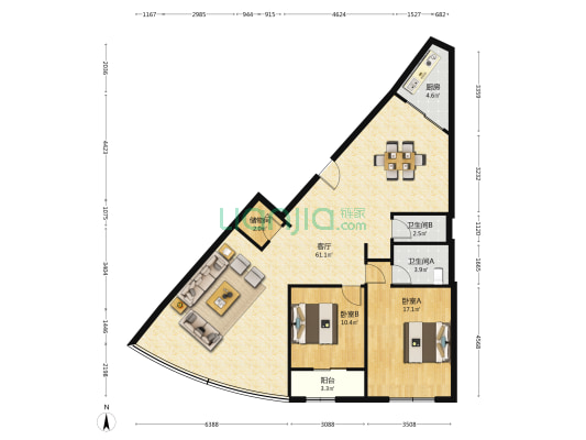 嘉成花园 2室1厅2卫 140平方