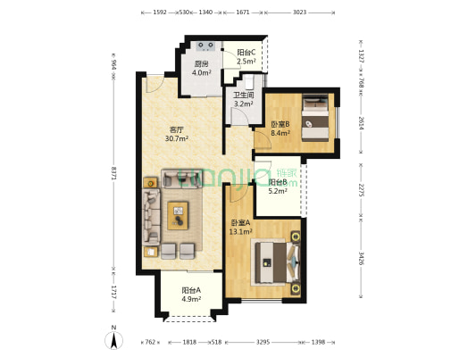 保利百合花园 2室1厅1卫 88平方