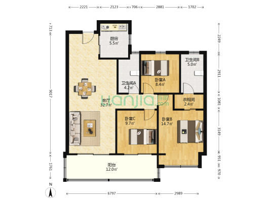 观枫四季花园 3室1厅2卫 124平方