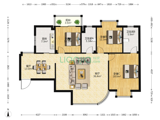 碧水蓝天 3室2厅2卫 125平方