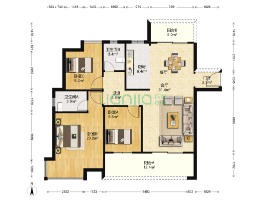 玖珑湾诚品 3室1厅2卫 131平方