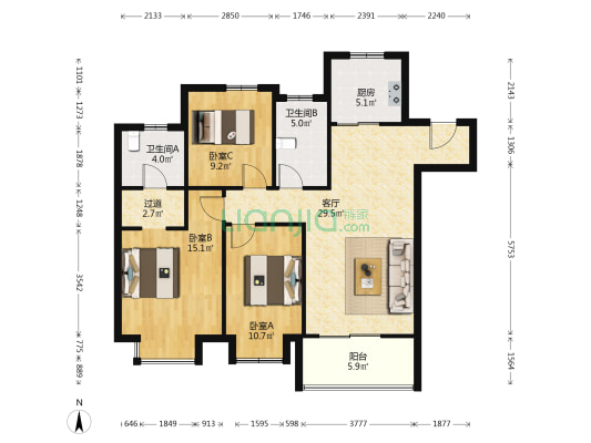 银城东岳府 3室1厅2卫 109平方