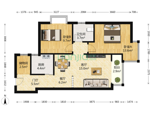 金茂紫庭 2室2厅1卫 85平方