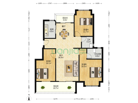 北宸壹号馨园 3室1厅2卫 119平方