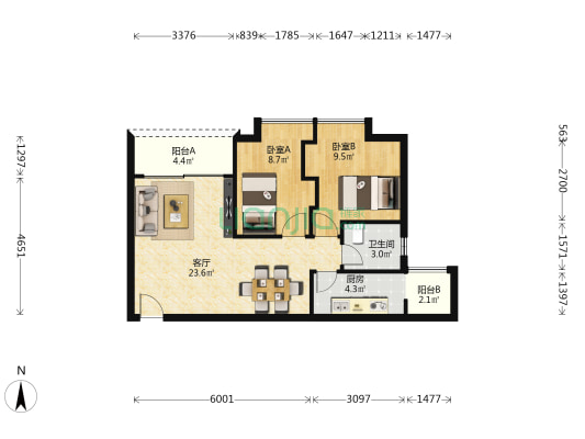 春天广场 2室1厅1卫 70平方