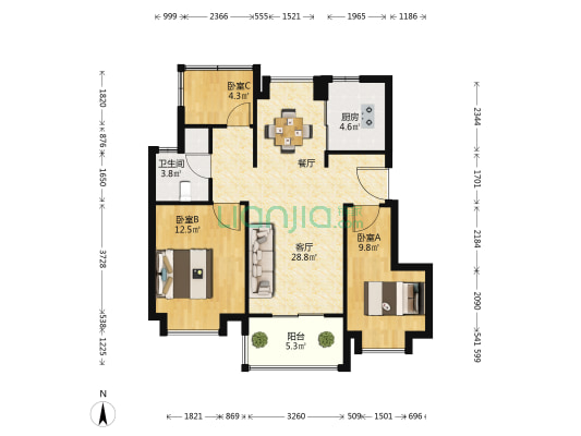 龙湖春江紫宸北区 3室1厅1卫 88平方