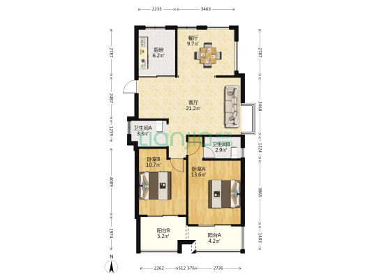 万邦名邸 2室2厅2卫 87平方