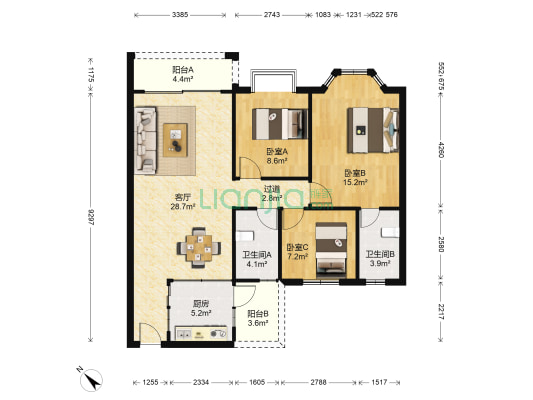文海花园 3室1厅2卫 101平方