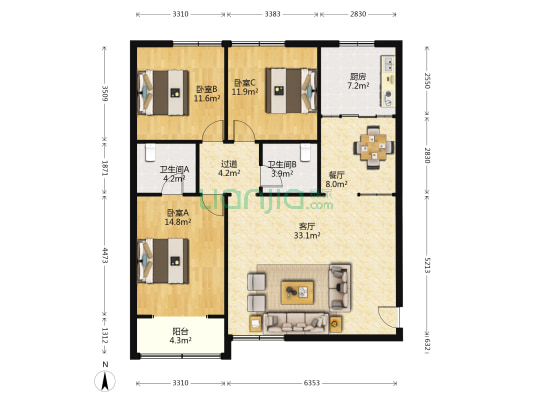 福苑小区 3室2厅2卫 127平方
