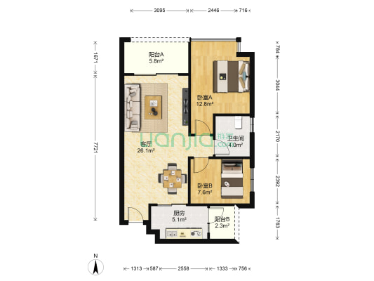 恒大金碧天下 2室1厅1卫 80平方