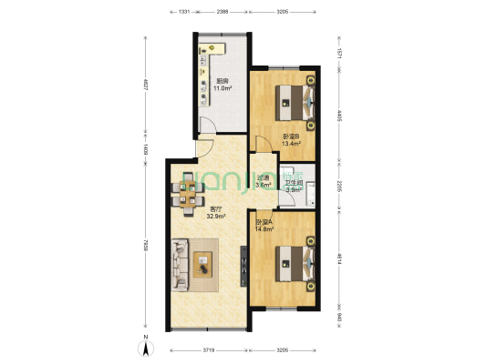 天山小区（旌德路） 2室1厅1卫 96平方