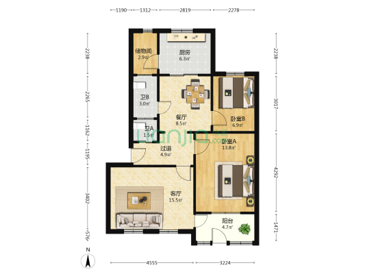 市政府家属楼 2室2厅2卫 85平方