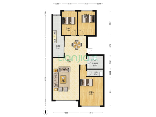 白晶一号 3室1厅2卫 90平方
