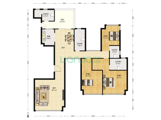 未来方舟E7组团 3室1厅4卫 214平方