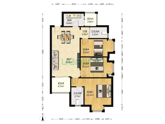 花果园M区 3室1厅2卫 100平方