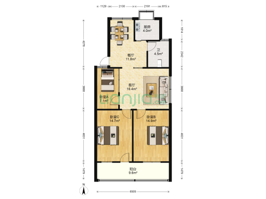 桂花园社区 3室2厅1卫 101平方