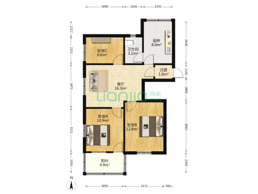 洋下花园 3室1厅1卫 77平方